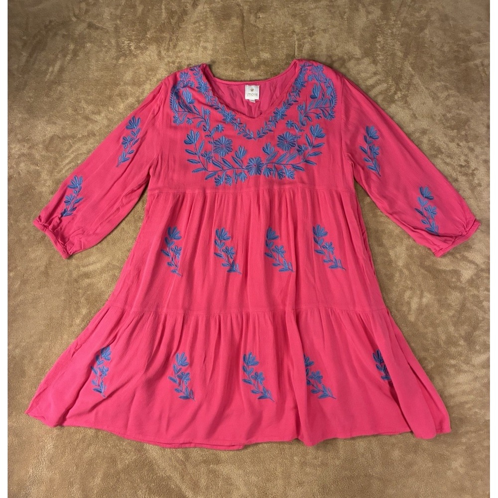 J. Marie Womens L The Madeline Dress Hot Pink Embroidery Floral Tiered Babydoll